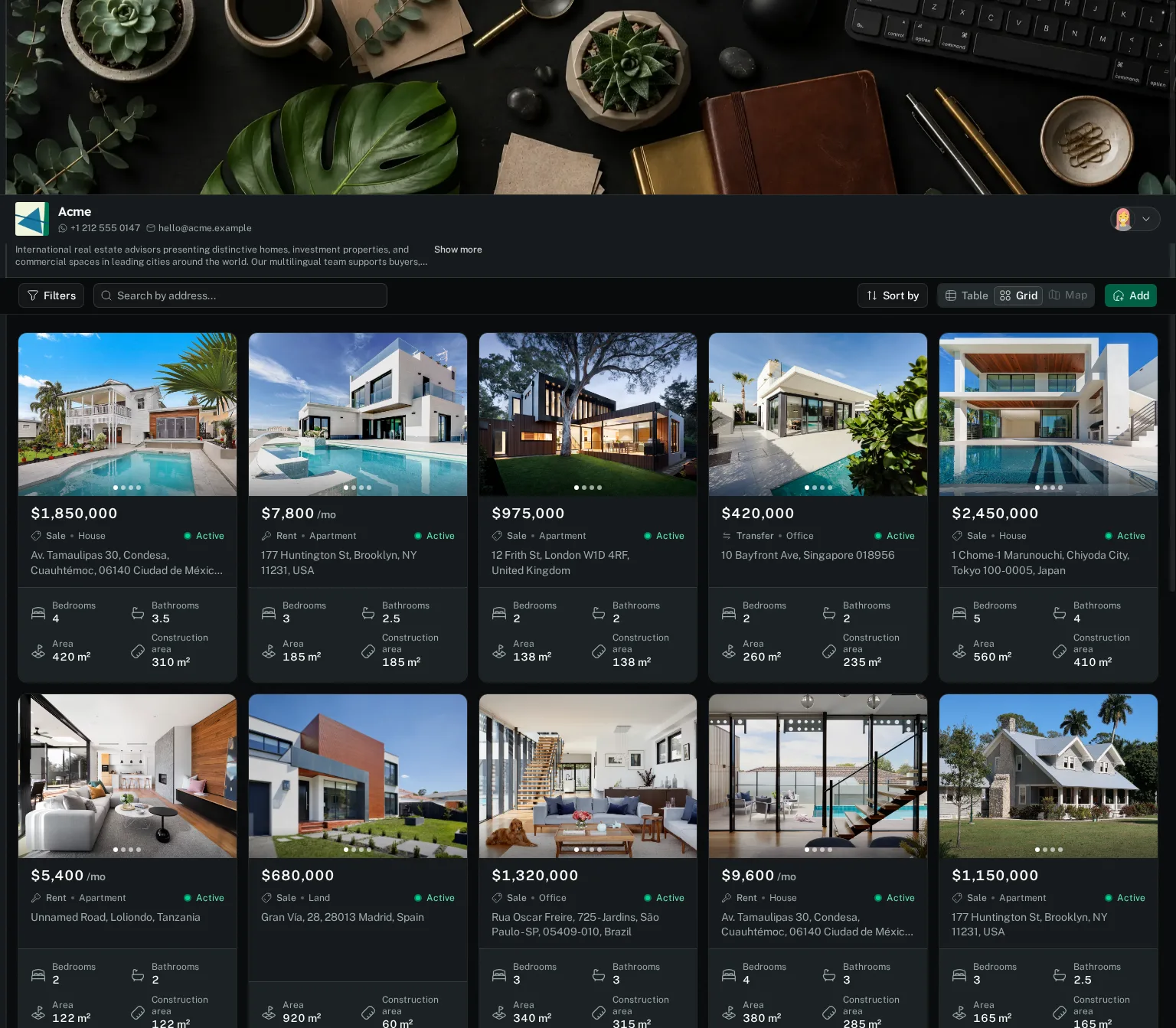 Peva agency workspace showing properties with photos, prices, and key details