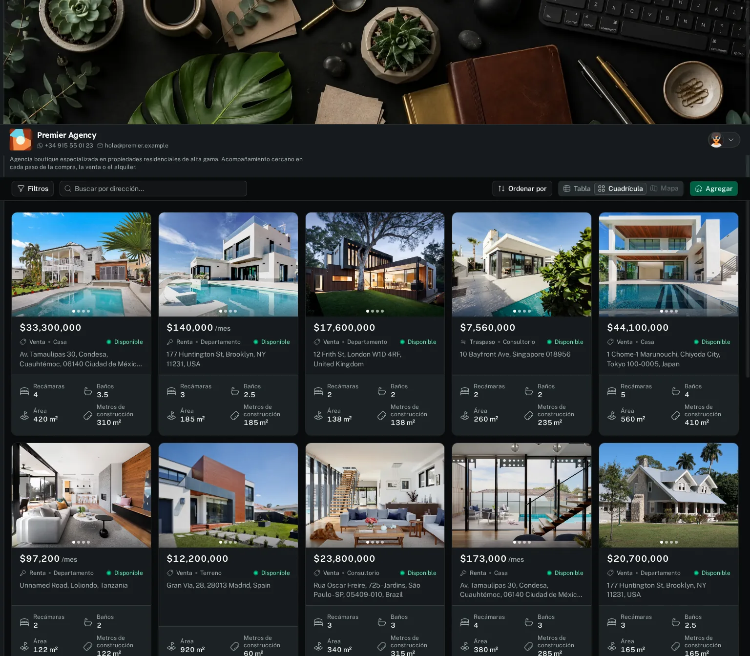 Espacio de trabajo de una agencia en Peva con propiedades, fotos, precios y datos importantes