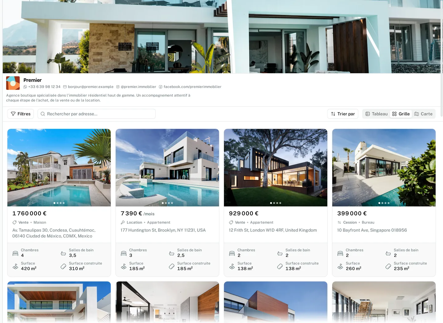 Page publique d’une agence avec une bannière à son image et une grille d’annonces