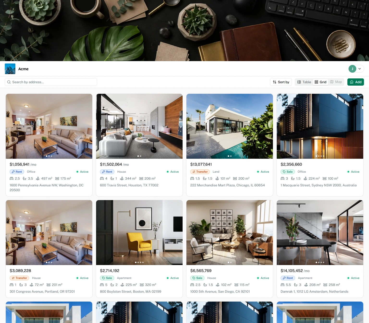 Peva agency workspace showing properties with photos, prices, and key details